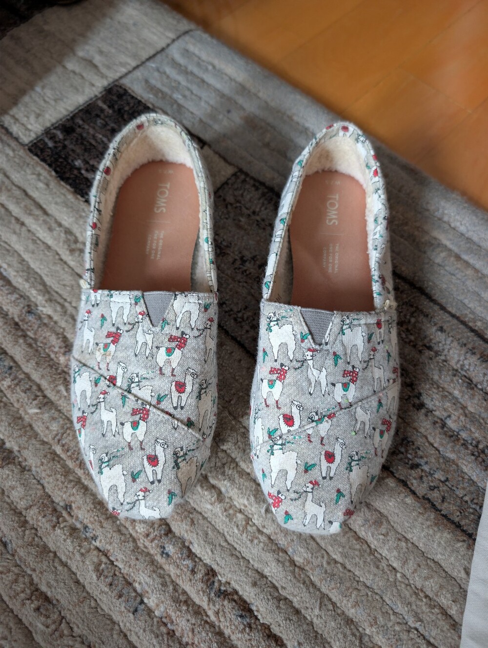 Toms Gray Canvas Slip-Ons with Red & Green Llama Print - Christmas Themed